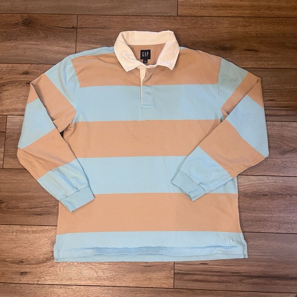 Gap Rugby Polo Shirt Striped Brown Blue Long Sleeve Preppy 90s Men's Size L